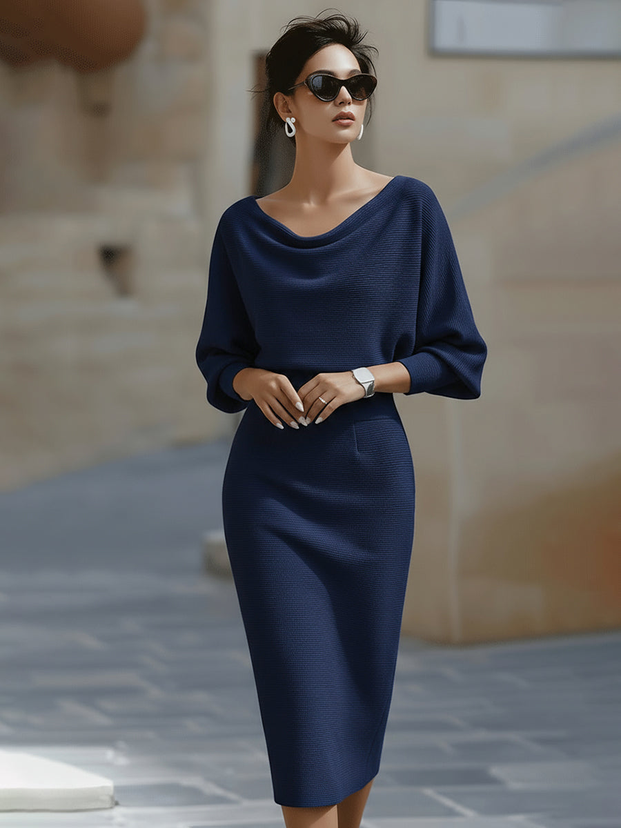 Olivia | White Midi Dress with Draped Batwing Sleeves