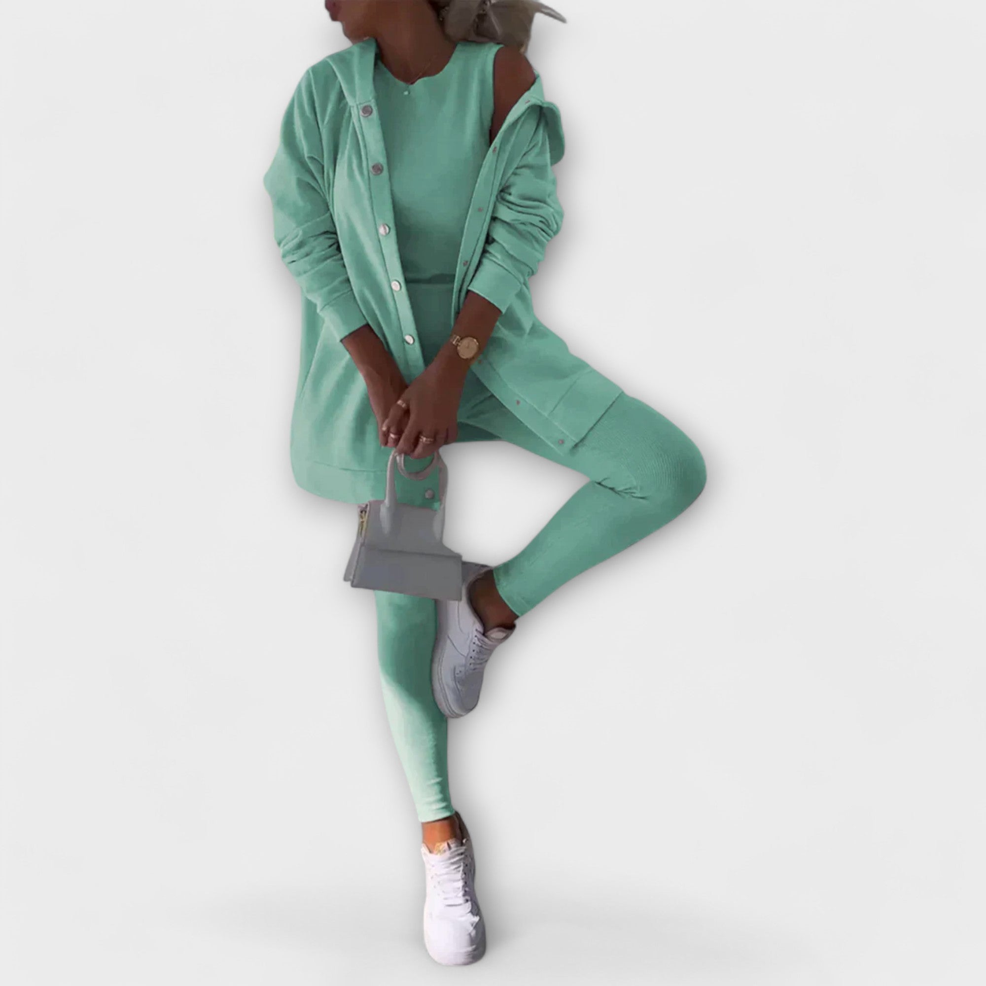 Three-piece set with cardigan