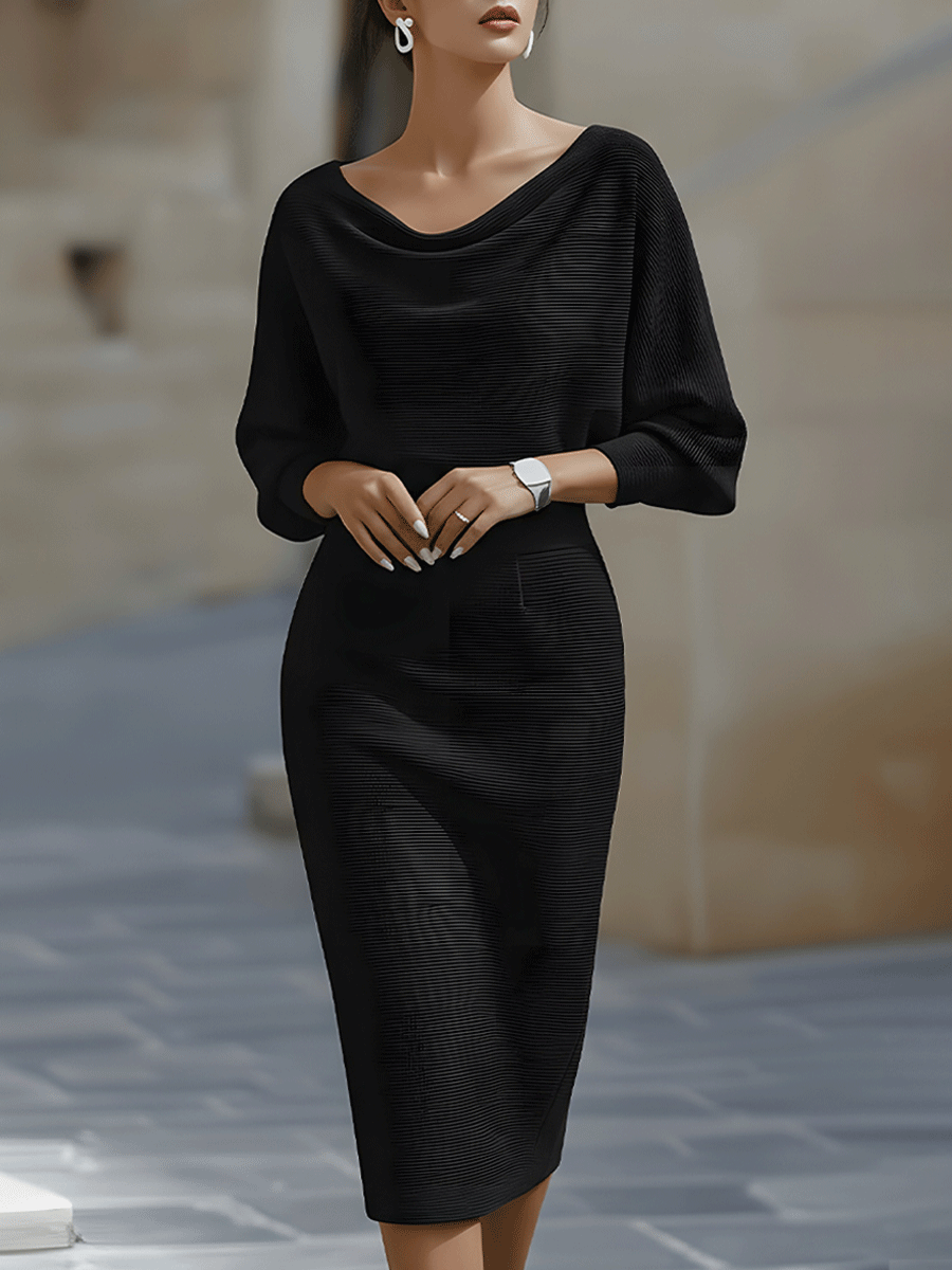 Olivia | White Midi Dress with Draped Batwing Sleeves
