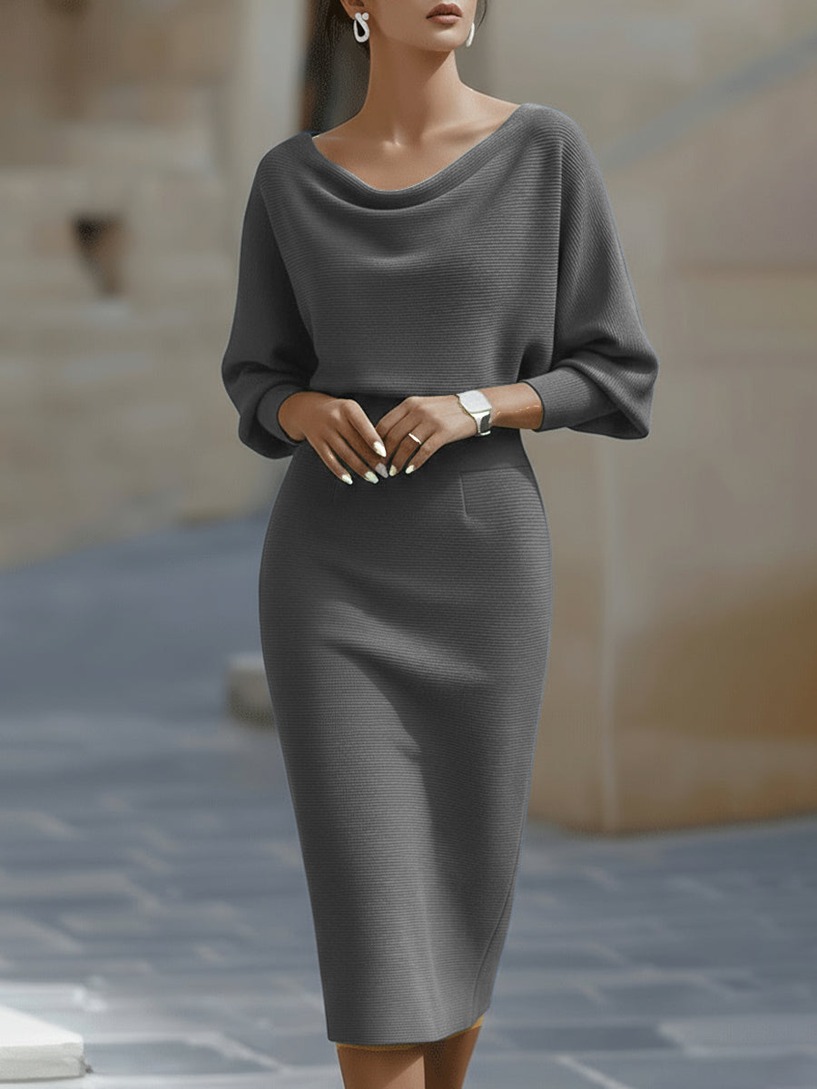 Olivia | White Midi Dress with Draped Batwing Sleeves