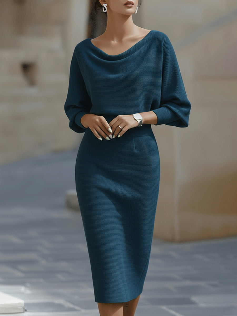 Olivia | White Midi Dress with Draped Batwing Sleeves