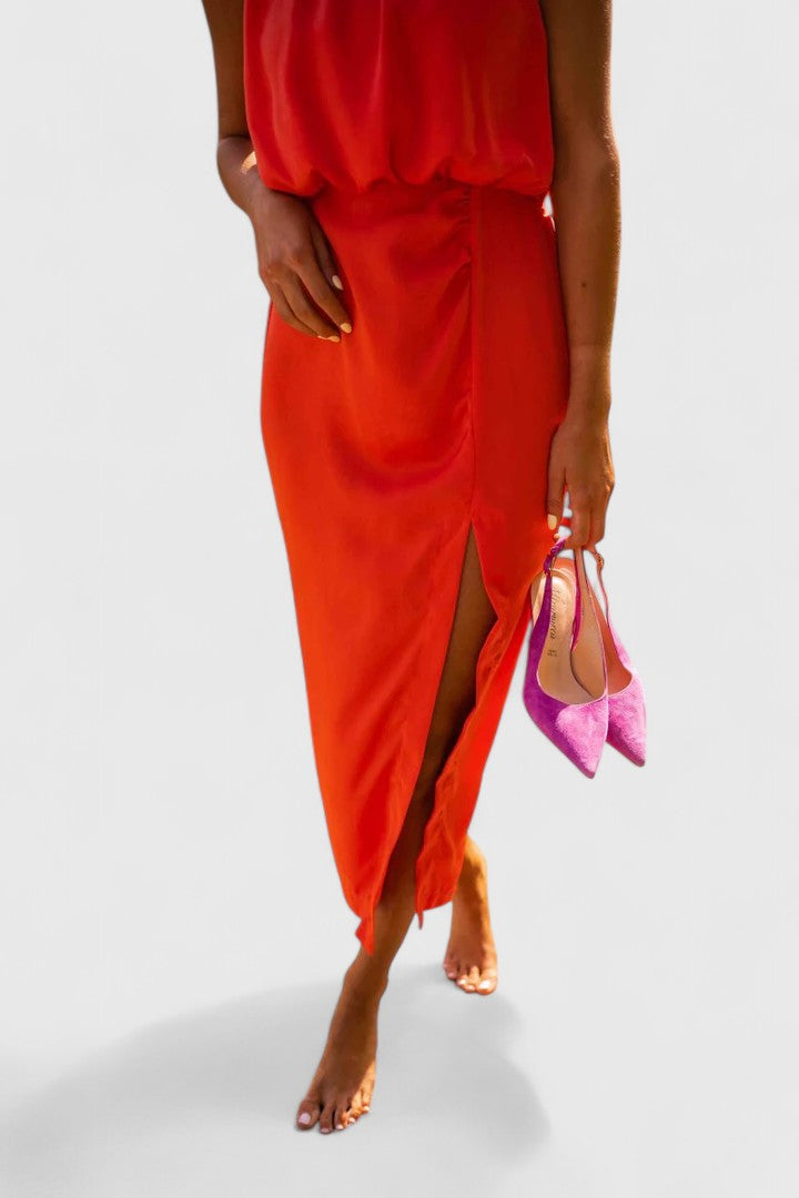 Brooklyn | Modern High-Neck Flowing Midi Dress